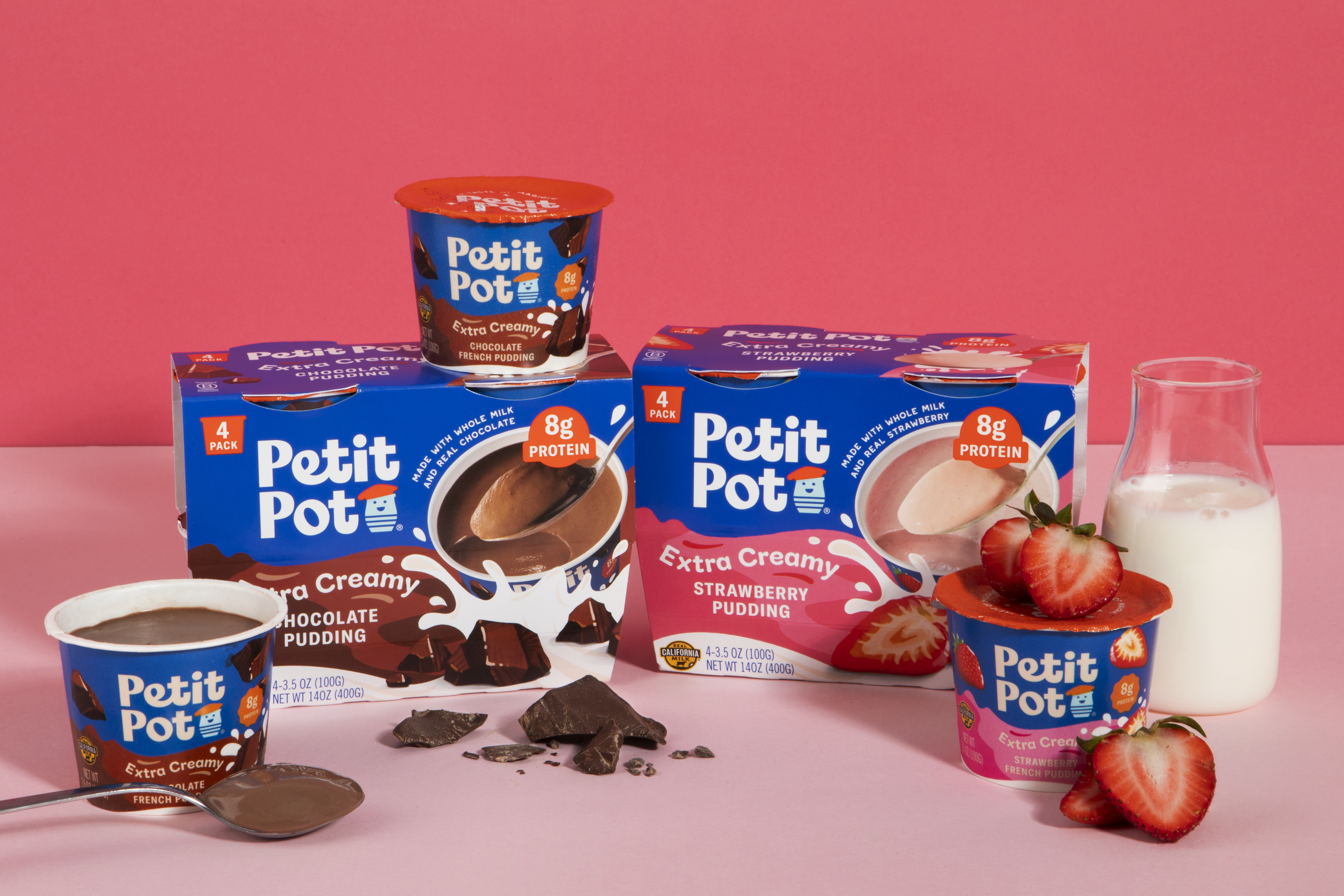 Petit Pot Extra Creamy Chocolate and Strawberry Pudding 4-packs with fresh strawberries, chocolate and milk